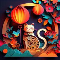 generativo ai ilustración de papel cortar encañonado multi dimensional chino estilo linda zodíaco gatito gato con linternas en fondo, popular color, chino nuevo año concepto. foto
