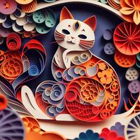 generativo ai ilustración de papel cortar encañonado multi dimensional chino estilo linda zodíaco gatito gato con linternas en fondo, popular color, chino nuevo año concepto. foto