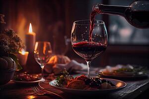 illustration of red wine is being poured from bottle into simple wine glass, on a table with incredible food photo