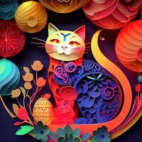 generativo ai ilustración de papel cortar encañonado multi dimensional chino estilo linda zodíaco gatito gato con linternas en fondo, popular color, chino nuevo año concepto. foto