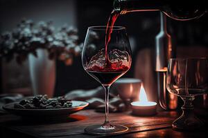 illustration of red wine is being poured from bottle into simple wine glass, on a table with incredible food photo