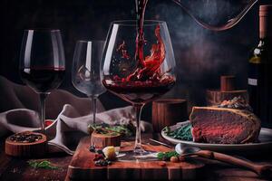 Generative AI illustration of red wine is being poured from bottle into simple wine glass, on a table with incredible food photo