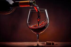 generativo ai ilustración de rojo vino es siendo vertido desde botella dentro sencillo vino vaso, en un mesa con increíble comida foto