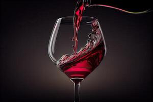 illustration of red wine is being poured from bottle into simple wine glass, on a table with incredible food photo