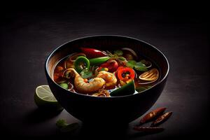 illustration of appetizing bowl of Tom Yum soup, spicy Thai soup with shrimp, seafood, coconut milk and chili pepper in bowl copy space photo