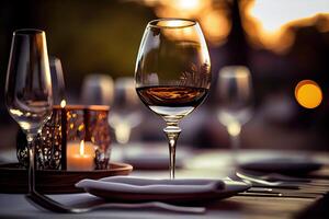 illustration of a restaurant table with a glass of white wine, soft golden light, expensive restaurant with beautiful lights, outdoor and night photo