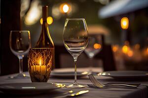 illustration of a restaurant table with a glass of white wine, soft golden light, expensive restaurant with beautiful lights, outdoor and night photo