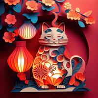 illustration of paper cut quilling multi dimensional chinese style cute zodiac kitty cat with lanterns in background, pop color, chinese new year concept. photo