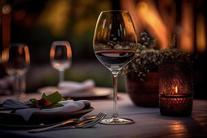 generativo ai ilustración de un restaurante mesa con un vaso de blanco vino, suave dorado luz, costoso restaurante con hermosa luces, al aire libre y noche foto