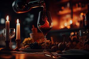 illustration of red wine is being poured from bottle into simple wine glass, on a table with incredible food photo