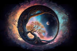 illustration of growth and life, emerging from the cosmos, infinite. Dreamer and mother of nature. photo