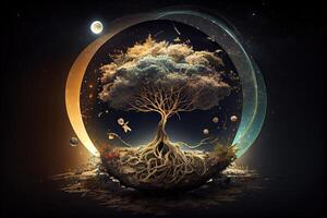 illustration of growth and life, emerging from the cosmos, infinite. Dreamer and mother of nature. photo