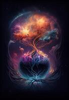 illustration of growth and life, emerging from the cosmos, infinite. Dreamer and mother of nature. photo