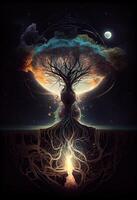 illustration of growth and life, emerging from the cosmos, infinite. Dreamer and mother of nature. photo