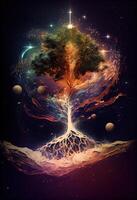 illustration of growth and life, emerging from the cosmos, infinite. Dreamer and mother of nature. photo