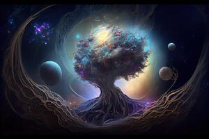 illustration of growth and life, emerging from the cosmos, infinite. Dreamer and mother of nature. photo