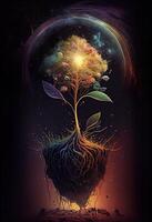 illustration of growth and life, emerging from the cosmos, infinite. Dreamer and mother of nature. photo