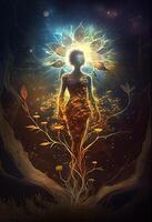 illustration of growth and life, emerging from the cosmos, infinite. Dreamer and mother of nature. photo