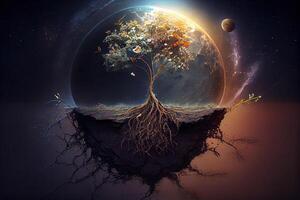 illustration of growth and life, emerging from the cosmos, infinite. Dreamer and mother of nature. photo