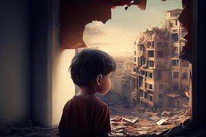 illustration of a sad child standing in front of collapse buildings area, natural disaster or war victim, sorrow scenery idea for support children's right photo