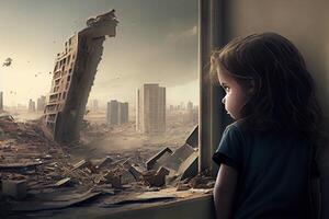 illustration of a sad child standing in front of collapse buildings area, natural disaster or war victim, sorrow scenery idea for support children's right photo