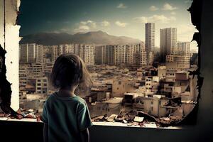 generativo ai ilustración de un triste niño en pie en frente de colapso edificios área, natural desastre o guerra víctima, dolor paisaje idea para apoyo para niños Derecha foto