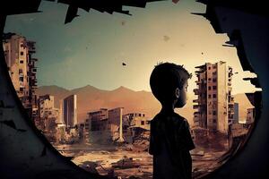 illustration of a sad child standing in front of collapse buildings area, natural disaster or war victim, sorrow scenery idea for support children's right photo