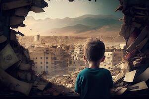 illustration of a sad child standing in front of collapse buildings area, natural disaster or war victim, sorrow scenery idea for support children's right photo