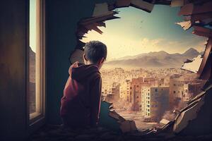 illustration of a sad child standing in front of collapse buildings area, natural disaster or war victim, sorrow scenery idea for support children's right photo