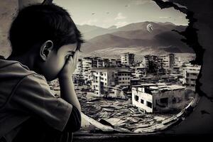 illustration of a sad child standing in front of collapse buildings area, natural disaster or war victim, sorrow scenery idea for support children's right photo