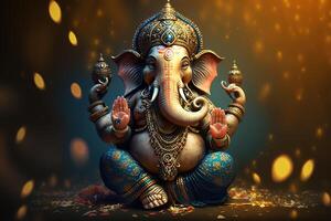 illustration of Ganesha Hindu God , with flowers, oil painting taken up into heaven, sitting in front of bokeh mandala background photo