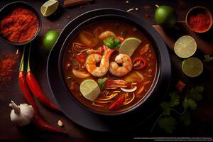 illustration of appetizing bowl of Tom Yum soup, spicy Thai soup with shrimp, seafood, coconut milk and chili pepper in bowl copy space photo