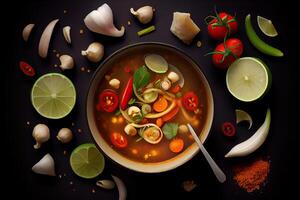 illustration of appetizing bowl of Tom Yum soup, spicy Thai soup with shrimp, seafood, coconut milk and chili pepper in bowl copy space photo