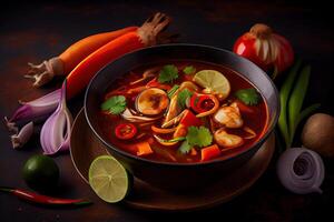 illustration of appetizing bowl of Tom Yum soup, spicy Thai soup with shrimp, seafood, coconut milk and chili pepper in bowl copy space photo