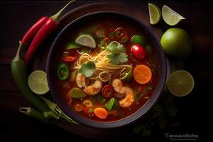 Generative AI illustration of appetizing bowl of Tom Yum soup, spicy Thai soup with shrimp, seafood, coconut milk and chili pepper in bowl copy space photo
