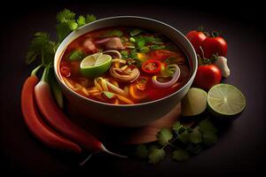 generativo ai ilustración de apetitoso cuenco de tom ñam sopa, picante tailandés sopa con camarón, mariscos, Coco Leche y chile pimienta en cuenco Copiar espacio foto