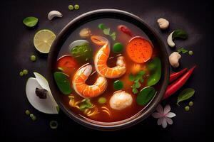 illustration of appetizing bowl of Tom Yum soup, spicy Thai soup with shrimp, seafood, coconut milk and chili pepper in bowl copy space photo