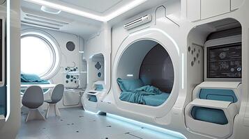 generativo ai ilustración de futurista interior diseño, diseño un dormitorio para dos niños, con un litera cama. foto