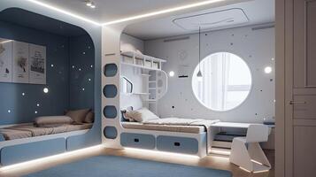 generativo ai ilustración de futurista interior diseño, diseño un dormitorio para dos niños, con un litera cama. foto