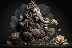Generative AI illustration of Ganesha Hindu God , with flowers, oil painting taken up into heaven, sitting in front of bokeh mandala background photo