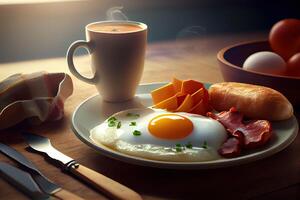 illustration of fried eggs and bacon and hash browns and black pudding and mushrooms and toast... photo