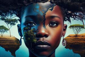 generativo ai ilustración de africano naturaleza, agua, tierra, plantas, césped, árboles, intenso mirar, hermosa foto