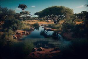 illustration of African nature, water, earth, plants, grass, trees, intense look, beautiful photo