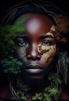 illustration of African nature, water, earth, plants, grass, trees, intense look, beautiful photo