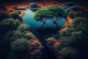 generativo ai ilustración de africano naturaleza, agua, tierra, plantas, césped, árboles, intenso mirar, hermosa foto