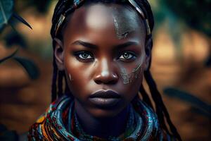 illustration of African nature, water, earth, plants, grass, trees, intense look, beautiful photo