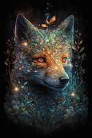 illustration of ancient magical molten fox spirit in a mystical arcane forest, cute and symmetric design, smooth, stunningly beautiful, shimmering, iridescent, bio luminescent flowers photo