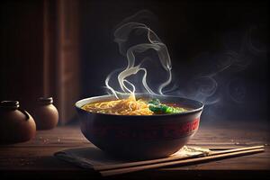 generativo ai ilustración de el más delicioso japonés ramen, soja salsa ramen en Cerdo hueso caldo foto