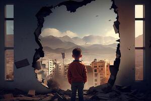 illustration of a sad child standing in front of collapse buildings area, natural disaster or war victim, sorrow scenery idea for support children's right photo