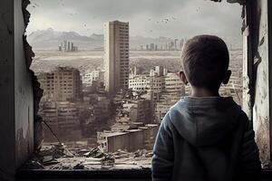 Generative AI illustration of a sad child standing in front of collapse buildings area, natural disaster or war victim, sorrow scenery idea for support children's right photo